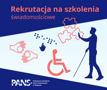 Grafika informująca o rekrutacji na szkolenia świadomościowe z zakresu dostępności, przedstawiająca symbole niepełnosprawności oraz sylwetkę osoby niewidomej z białą laską.